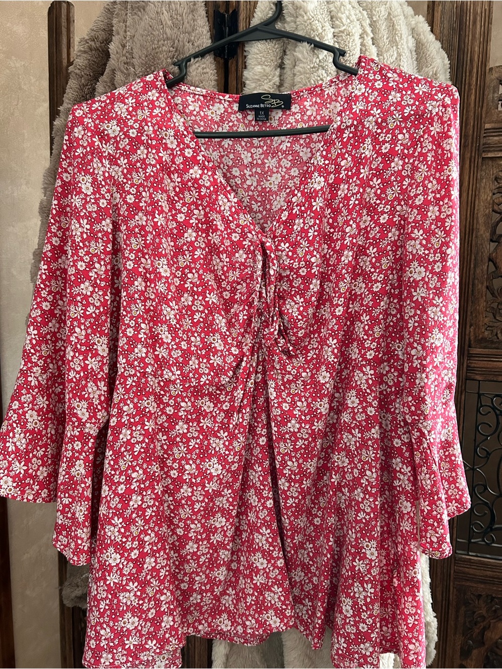 Suzanne Betro Red Floral Tie-Front Tunic